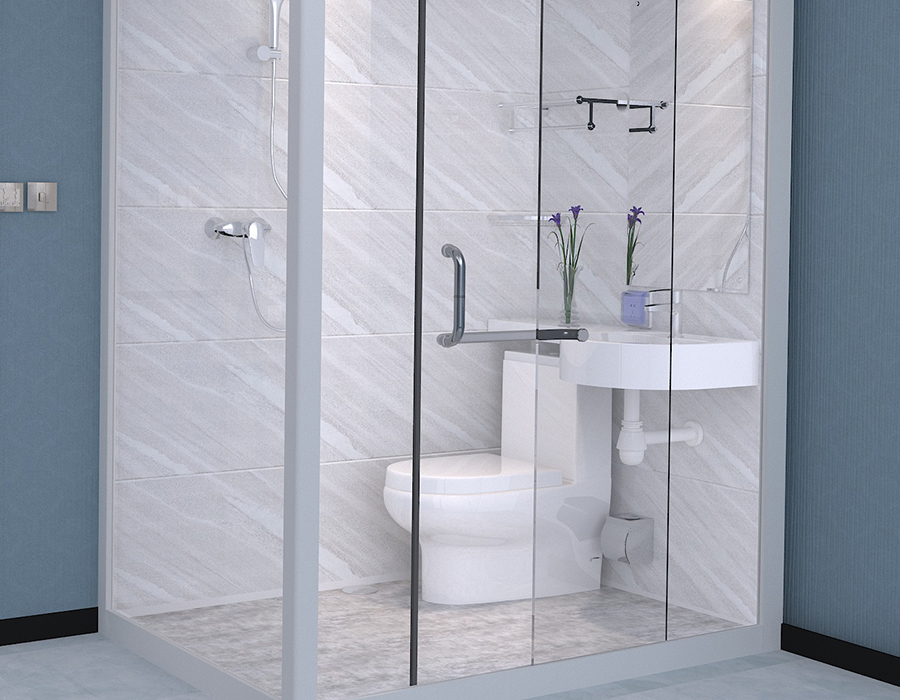Bilik Mandi Bersepadu Modular Dinding Kaca dengan Panel Dalaman Gentian Resin PEC